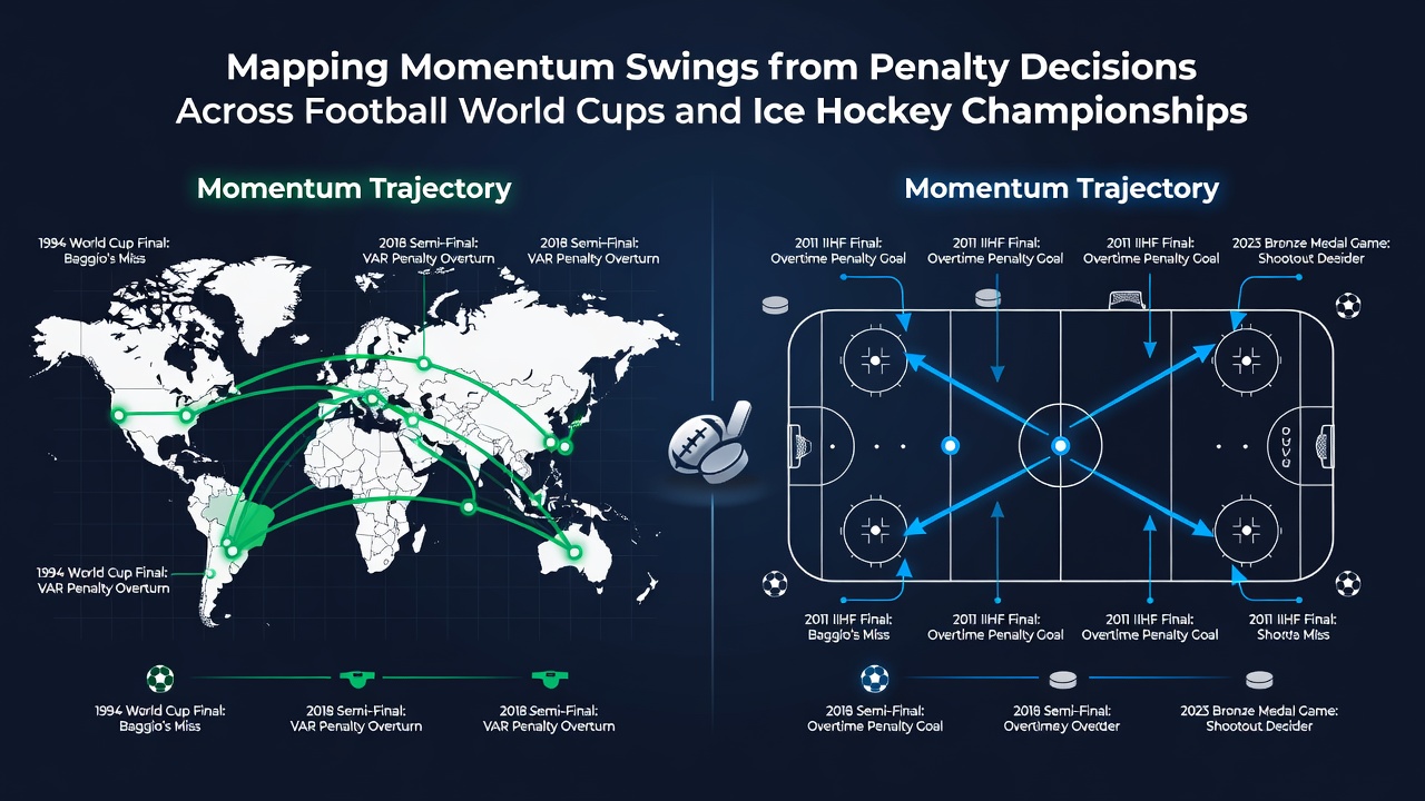 Timeline graphs showing momentum fluctuations following key penalty decisions